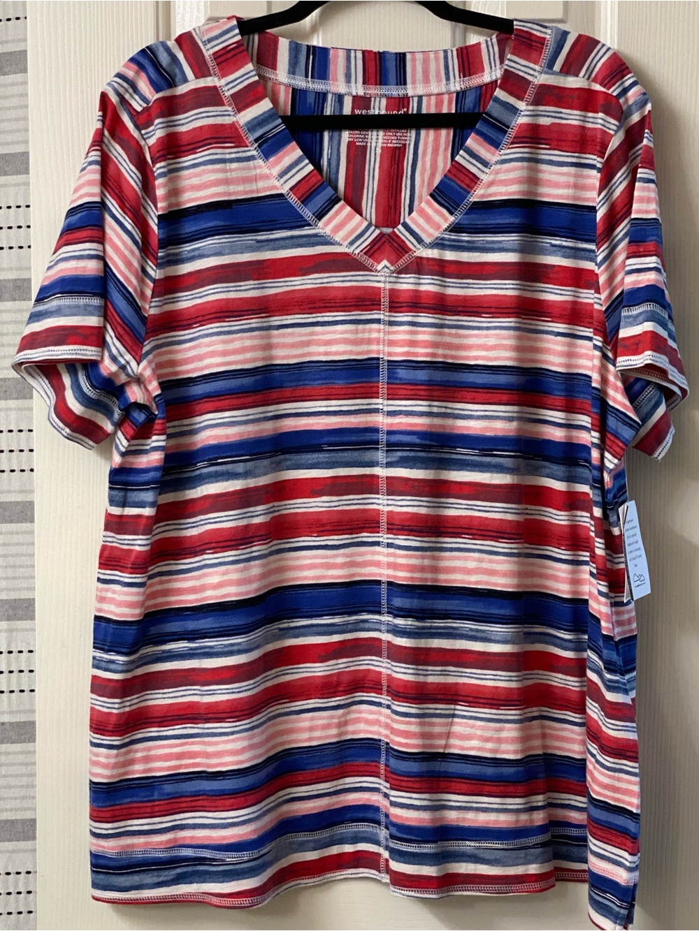 Westbound Red, Pink, Blue & White Striped V-Neck Short Sleeve Top Size 2X NWT